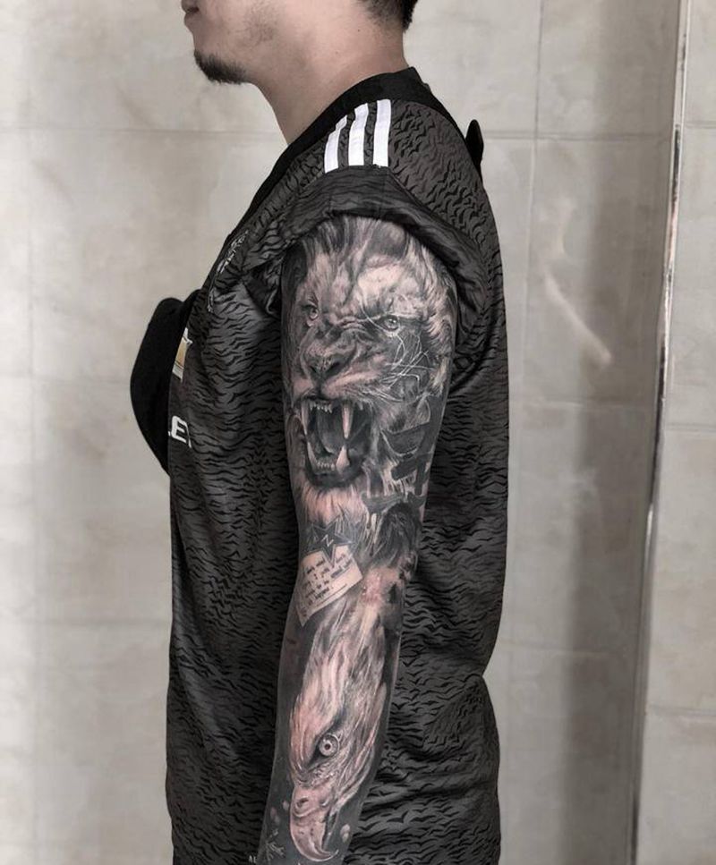 花臂添加纹身图片_手臂手部欧美写实狮子老鹰花臂纹身图案