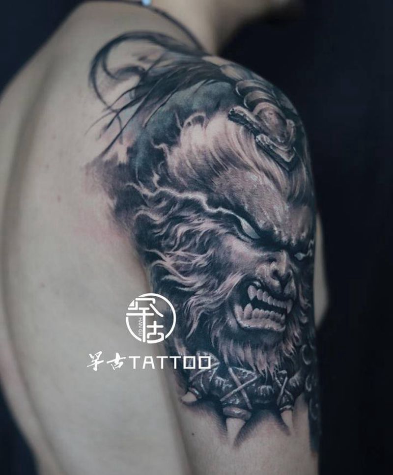 泼猴纹身图片_手臂腿部欧美写实新传统齐天大圣孙悟空猴纹身图案