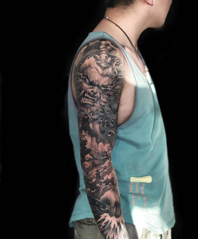 斗战胜佛花臂纹身图片_手臂腿部新传统欧美写实斗战胜佛齐天大圣孙悟空纹身图案