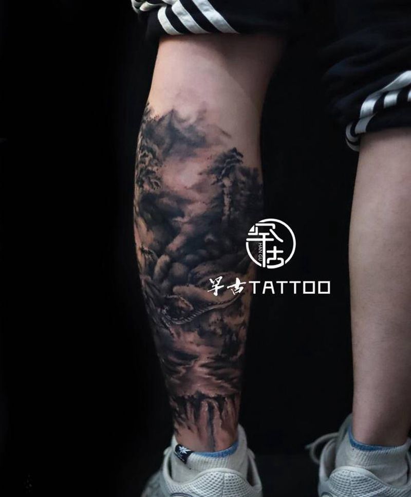 山水包小腿纹身图片_腿部手臂新传统长城山水瀑布纹身图案