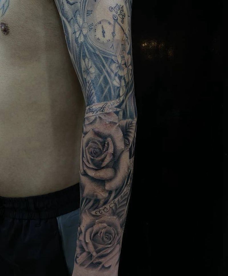 欧美花臂纹身图片_肩部手臂欧美写实几何纹身图案