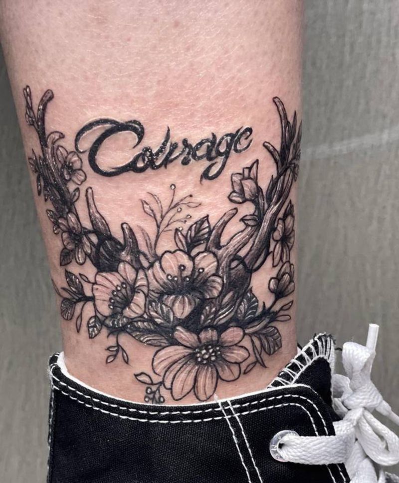 鹿角纹身图片_腿部纹身图案