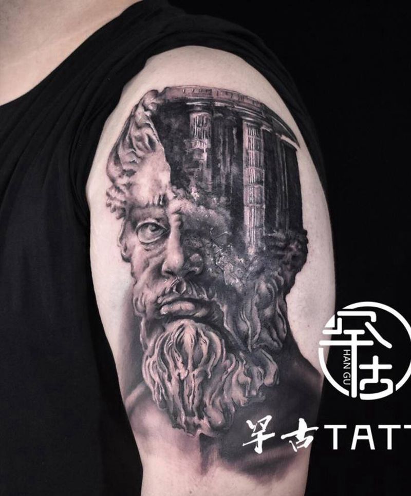 灭纹身图片_手臂腿部欧美写实肖像波塞冬写实纹身图案