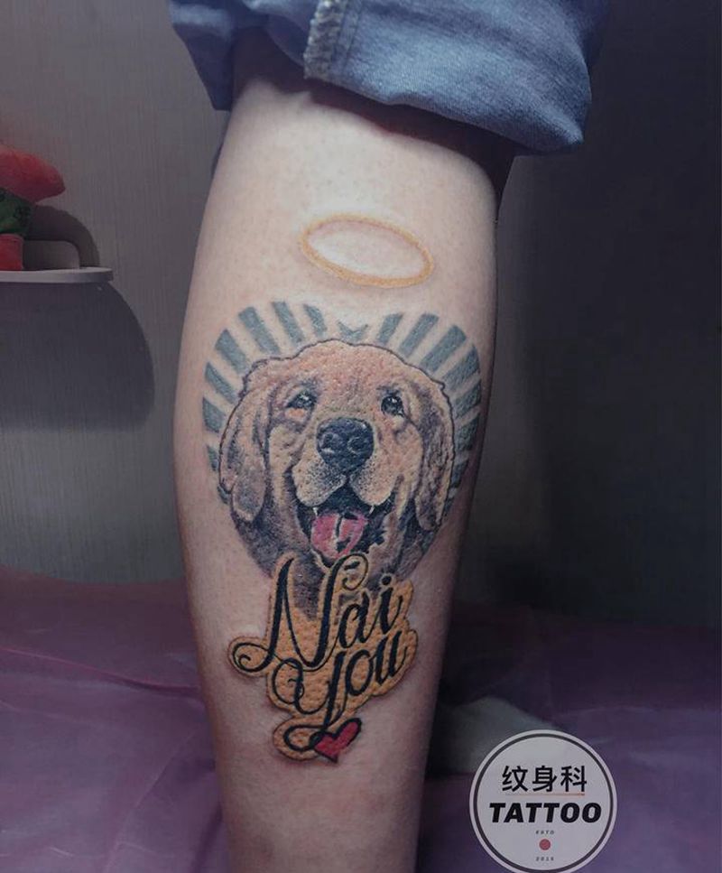 奶油，see you纹身图片_腿部New School欧美写实狗狗纪念纹身图案