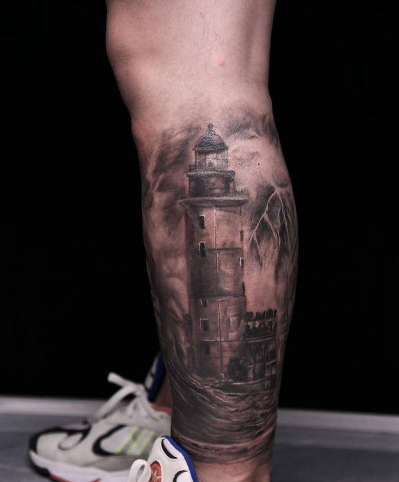 帆船纹身图片_腿部欧美写实纹身图案