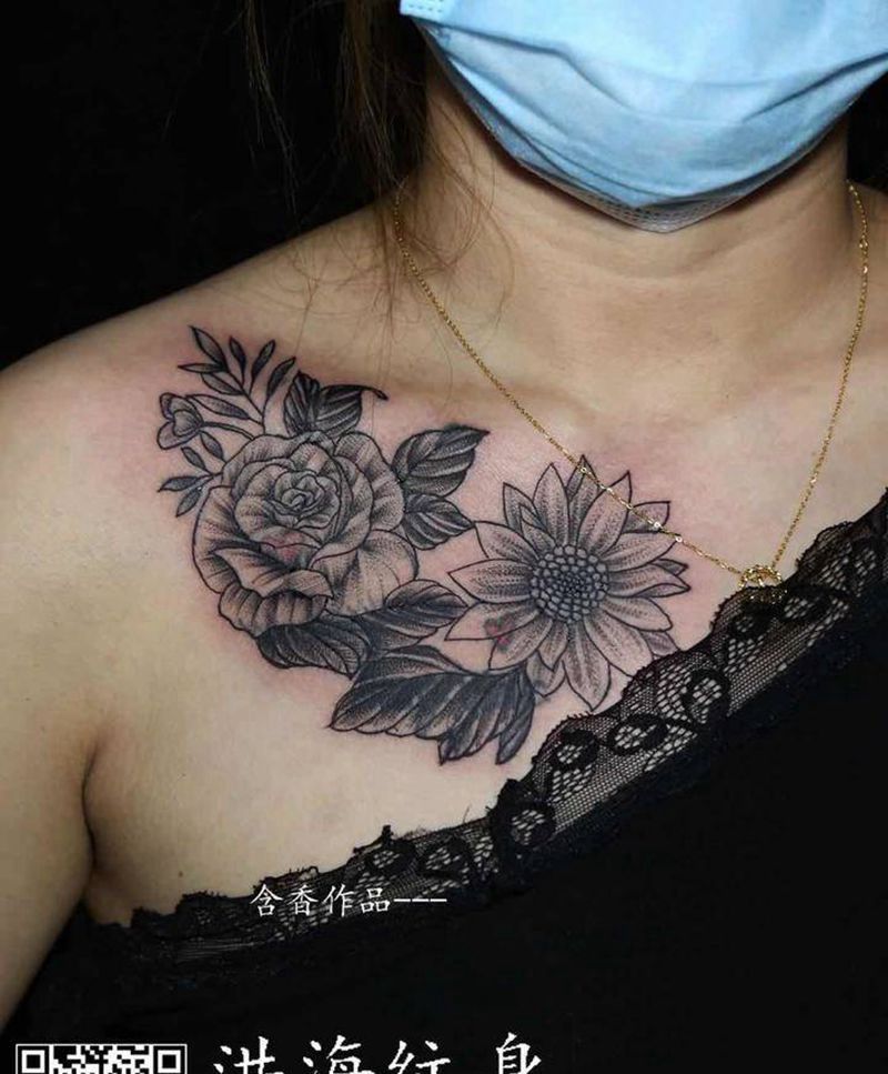 素花纹身图片_胸部肩部纹身图案