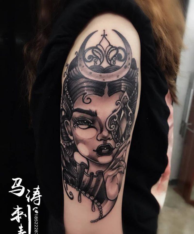 newschool纹身图片_成品肩部欧美写实人物几何宗教纹身图案