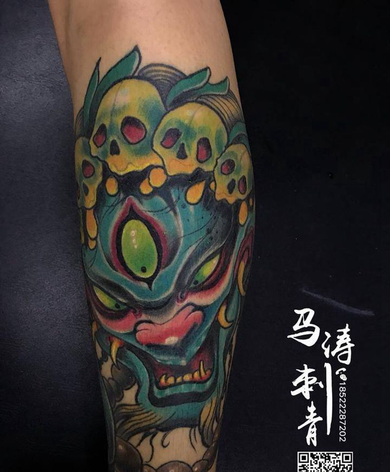 newschool般若纹身图片_腿部传统成品鬼神纹身图案