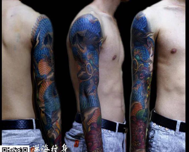 花臂龙纹身图片_成品手臂腿部传统欧美习俗动物纹身图案