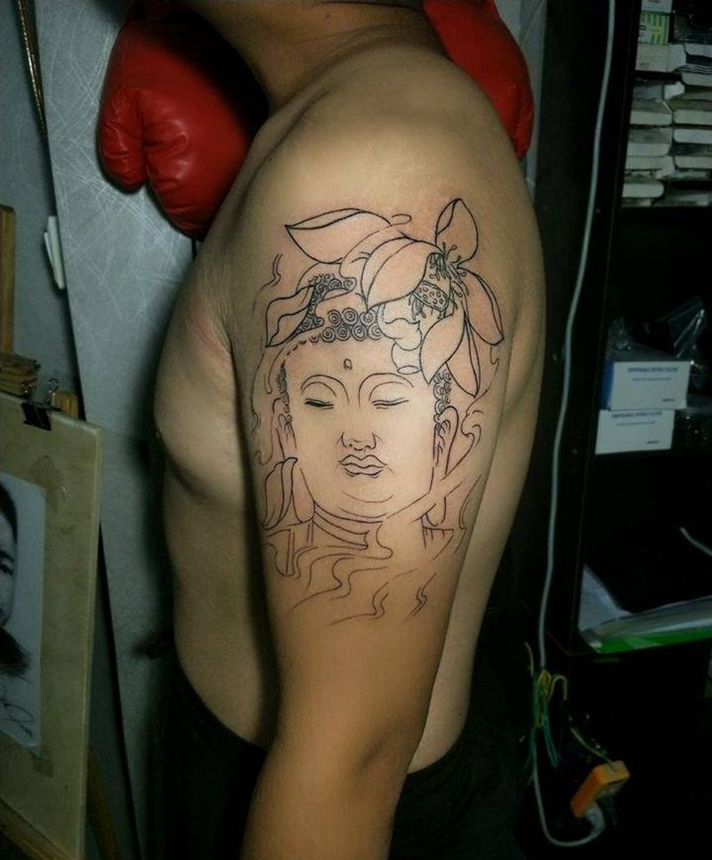 佛头线条纹身图片_手臂纹身图案