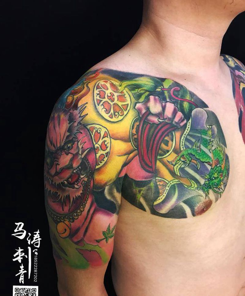 风神纹身图片_成品肩部手臂人物原创传统纹身图案