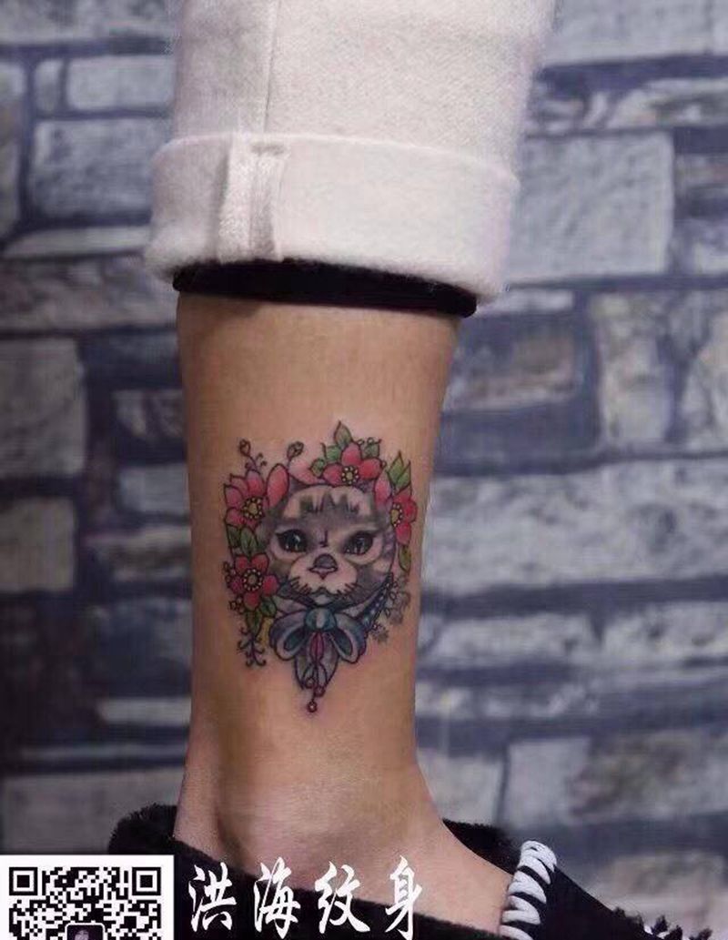 小猫纹身图片_成品腿部脚部欧美清新动物纹身图案