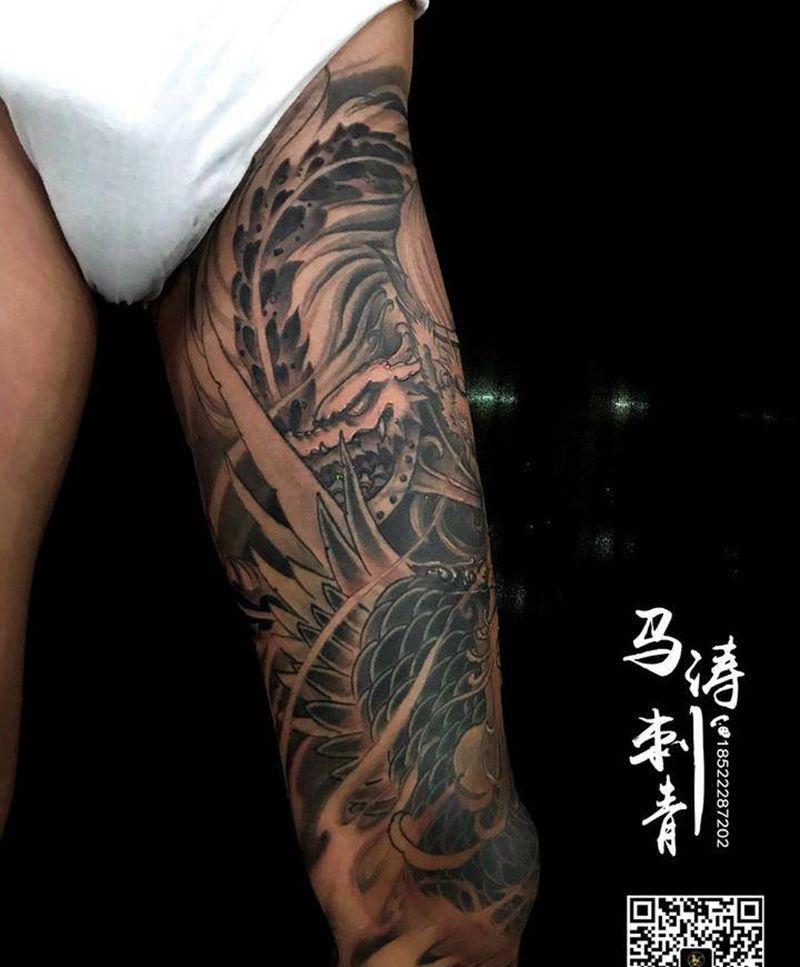 齐天大圣纹身图片_成品腿部传统人物纹身图案