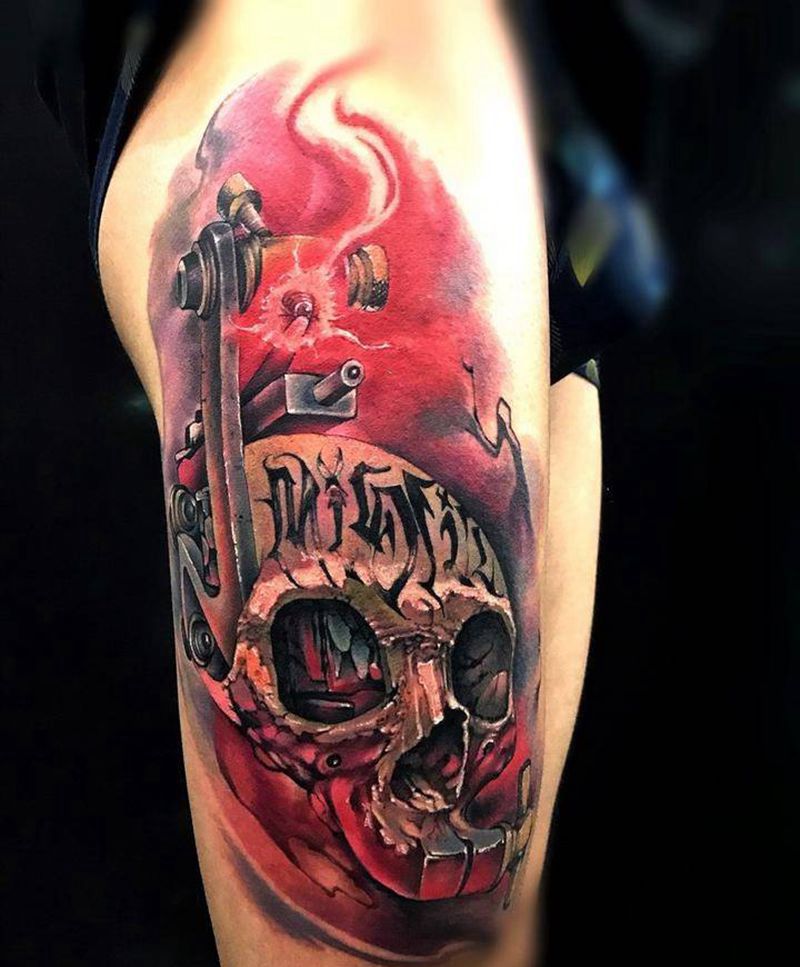 欧美骷髅纹身图片_成品手稿腿部欧美写实几何人物原创纹身图案