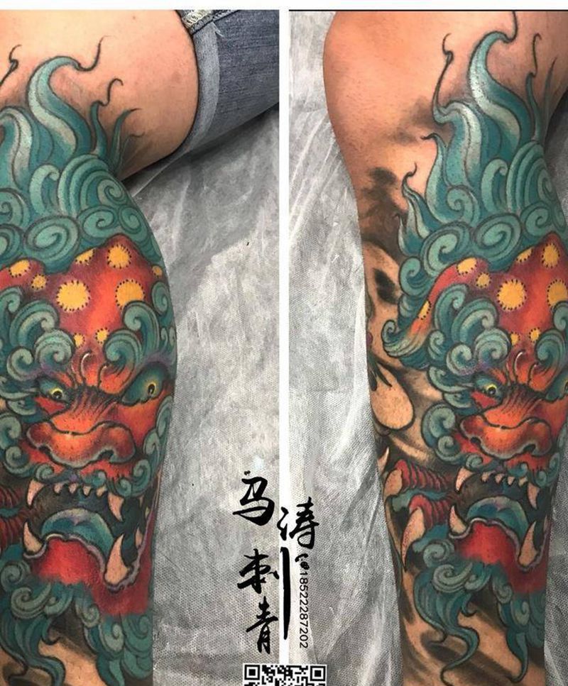 唐狮原创纹身图片_成品手稿原创传统清新腿部纹身图案