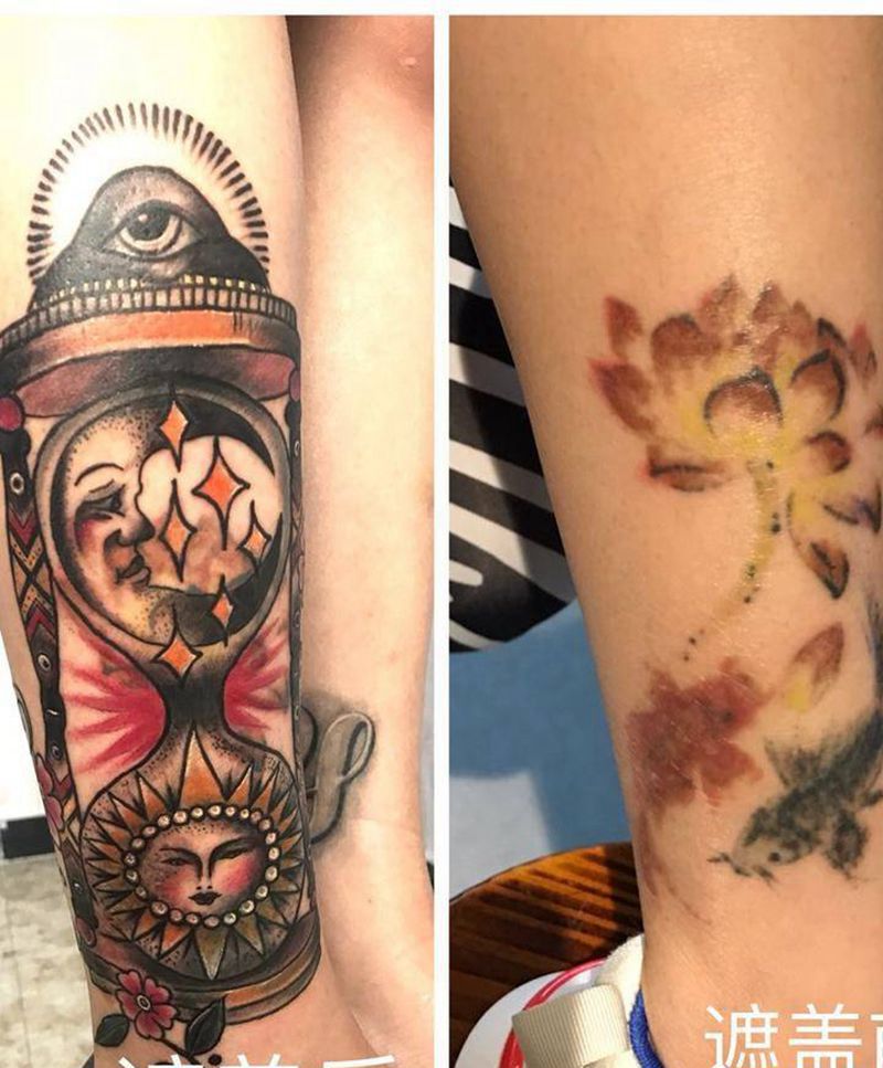 沙漏纹身图片_清新腿部几何纹身图案