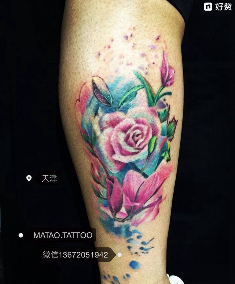 泼墨玫瑰与百合纹身图片_