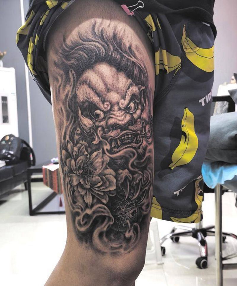 唐狮子纹身图片_腿部新传统纹身图案