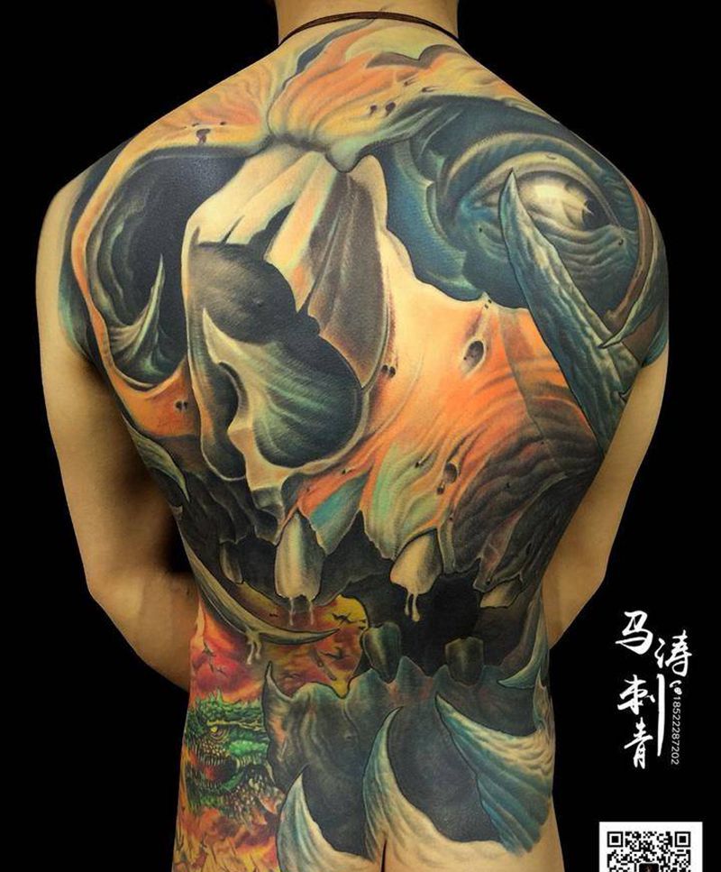 欧美骷髅获奖作品纹身图片_背部腰部腿部臀部欧美写实动物鬼神纹身图案