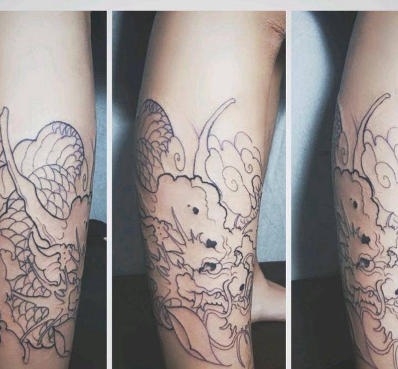 龙头纹身图片_腿部新传统纹身图案