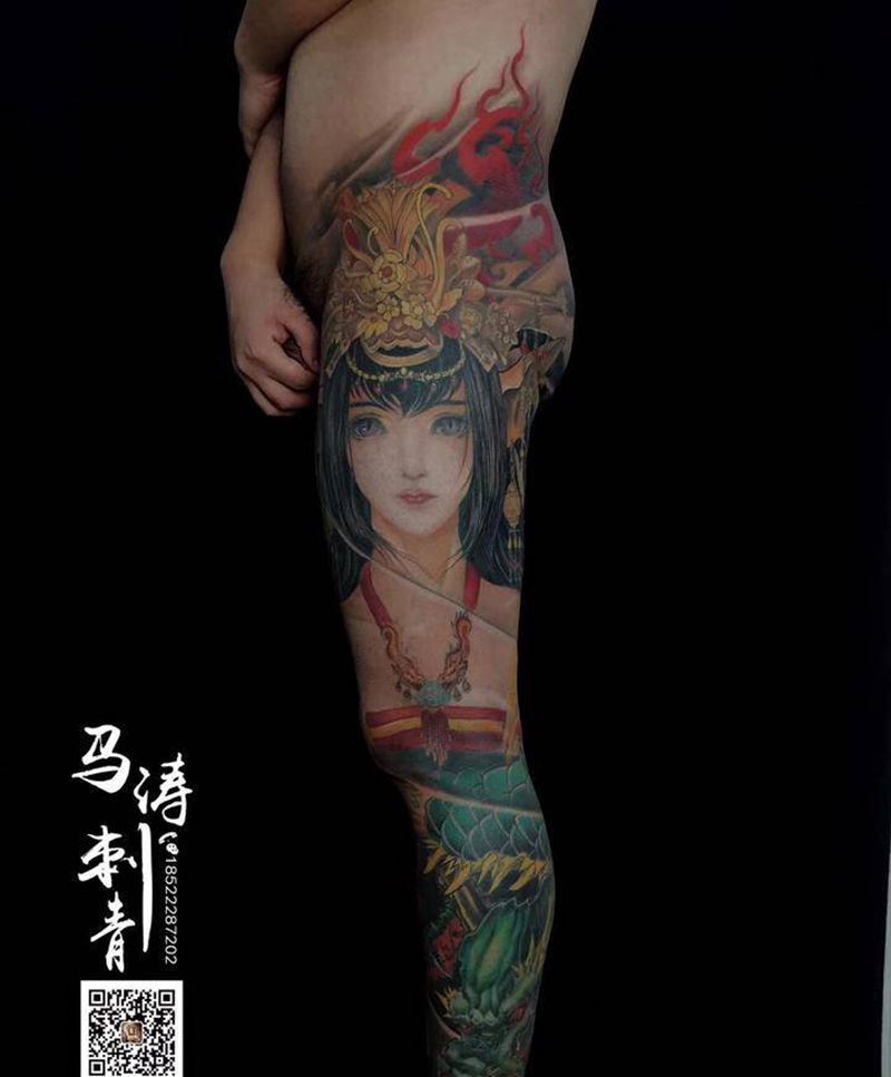 龙女纹身纹身图片_成品手稿传统臀部腿部脚部动物原创人物纹身图案