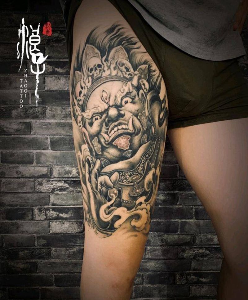 大黑天纹身图片_腿部新传统大黑天护法神纹身图案