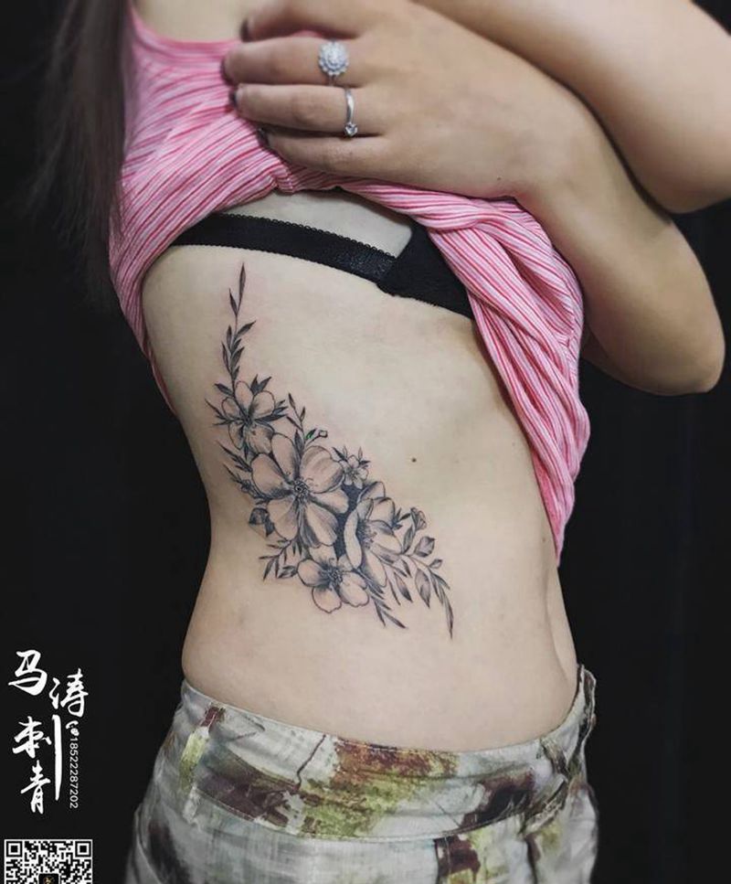 素花纹身纹身图片_国画清新习俗几何静物腹部腰部成品纹身图案