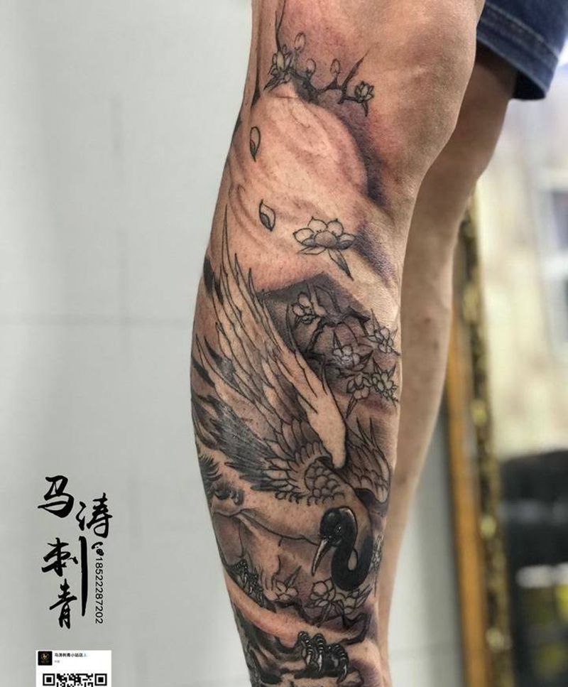 松鹤纹身图片_脚部腿部传统动物成品纹身图案