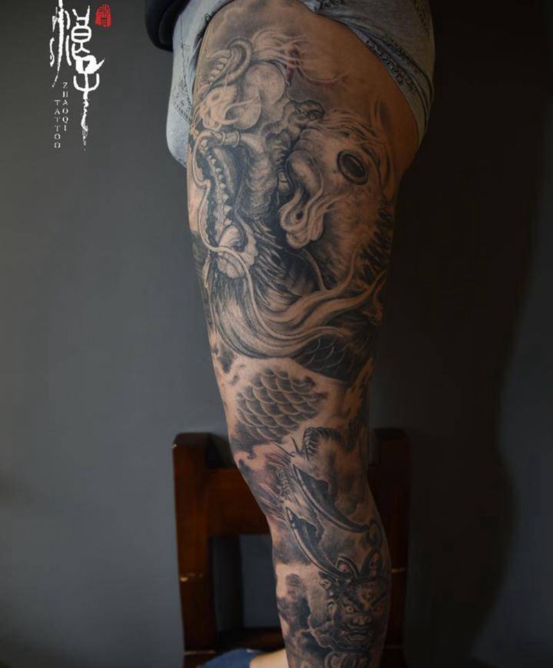 龙纹身图片_腿部新传统龙纹身图案