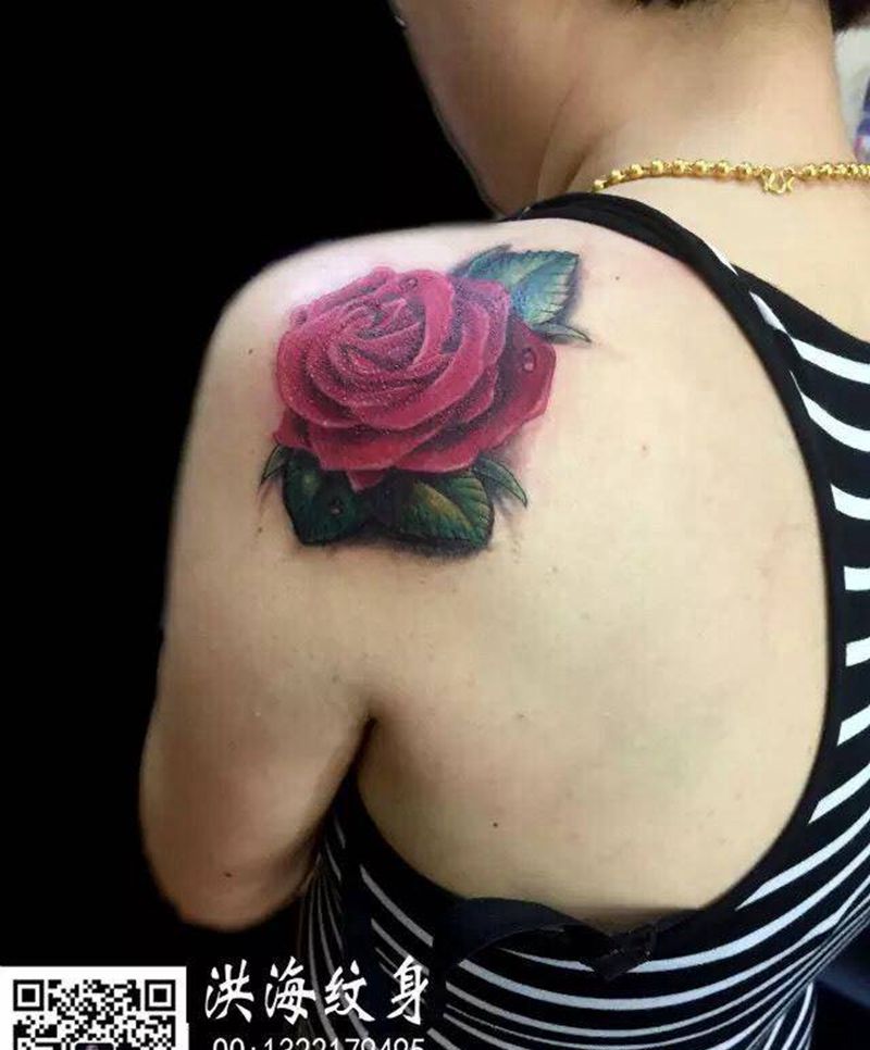 玫瑰花纹身纹身图片_成品肩部欧美植物纹身图案