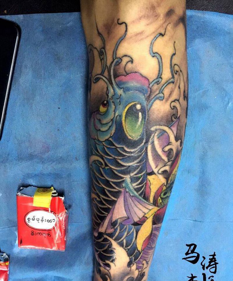 鱼纹身图片_成品原创手稿传统动物清新腿部纹身图案