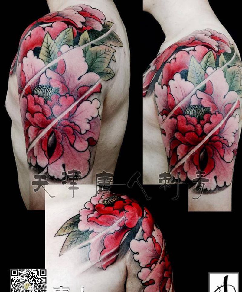 牡丹遮盖完工纹身图片_