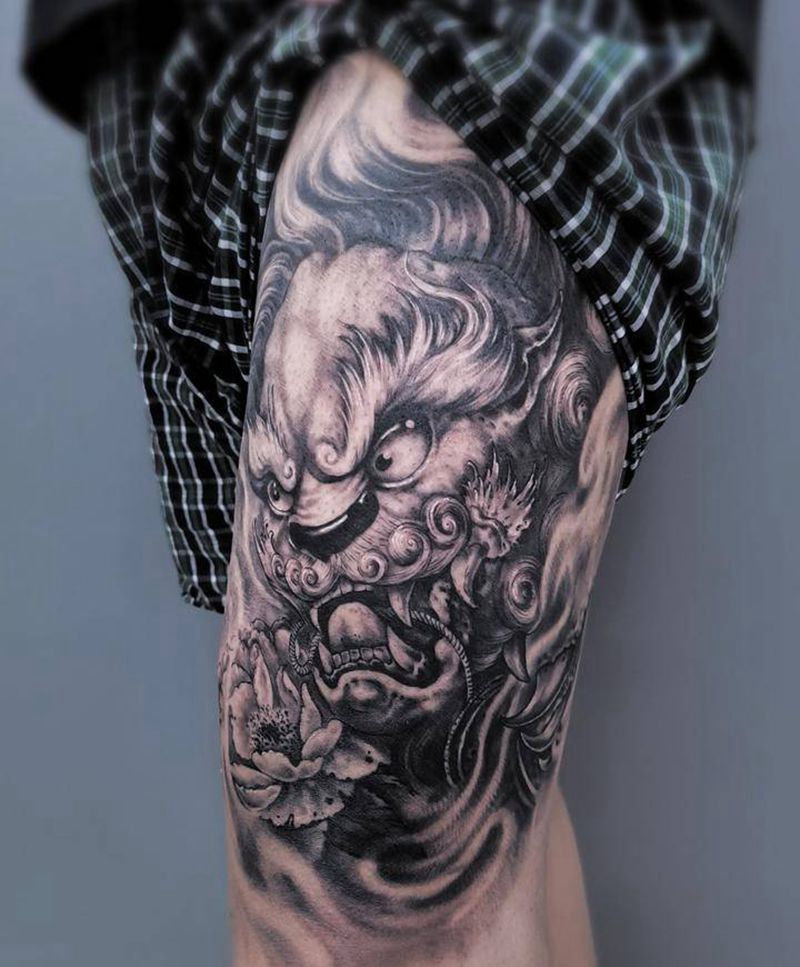 唐狮子纹身图片_腿部新传统纹身图案