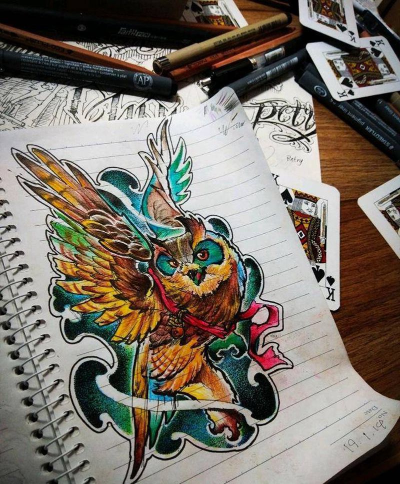 小手稿纹身图片_New School猫头鹰纹身图案