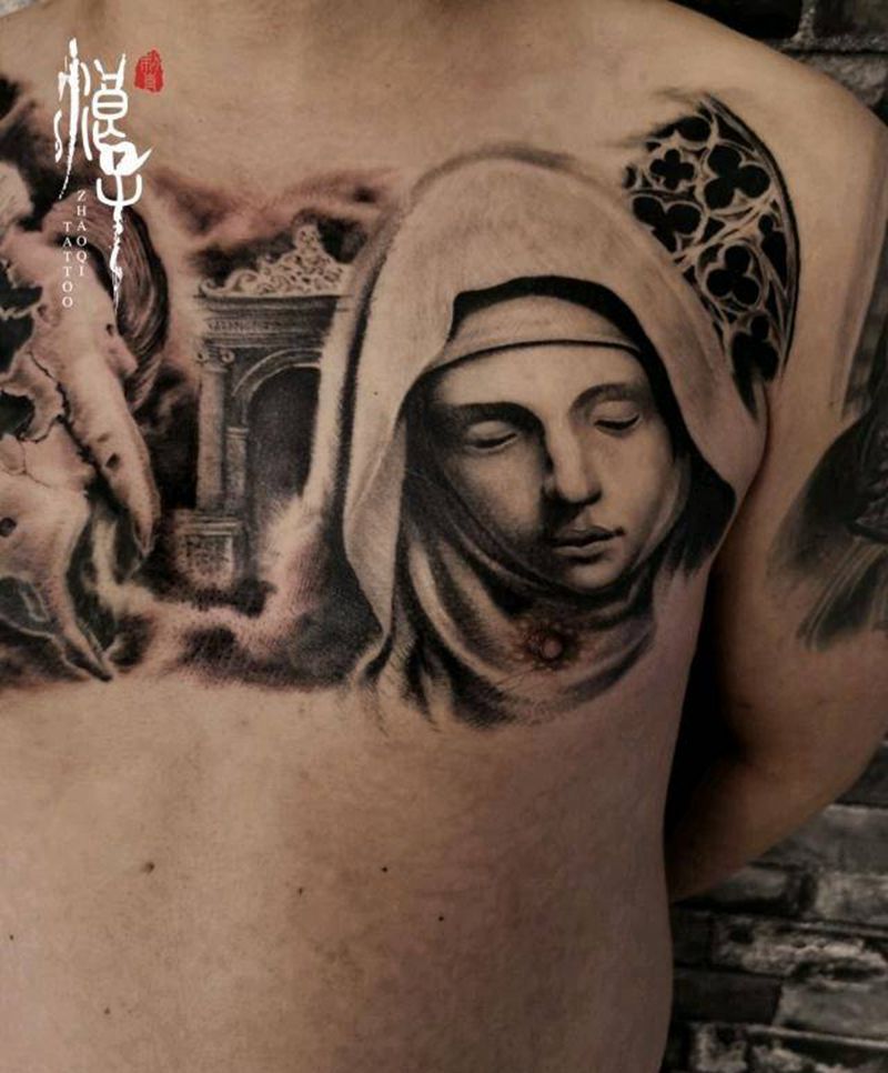 圣母纹身图片_胸部欧美写实圣母羊头骨撒旦纹身图案