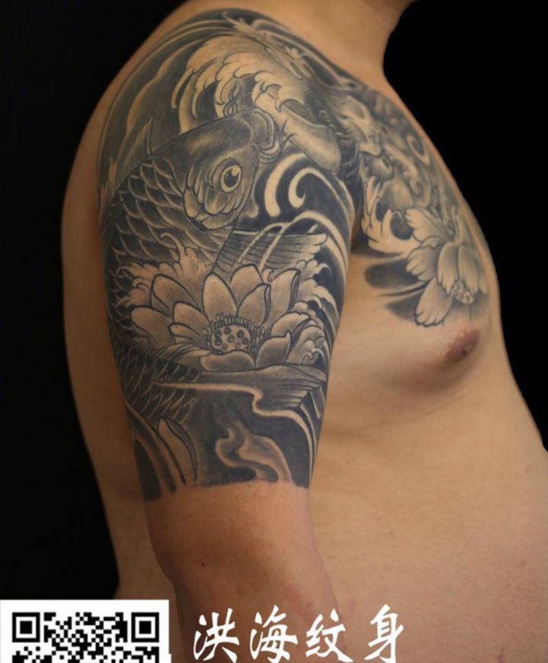 双半胛纹身图片_成品胸部肩部传统动物人物鬼神纹身图案
