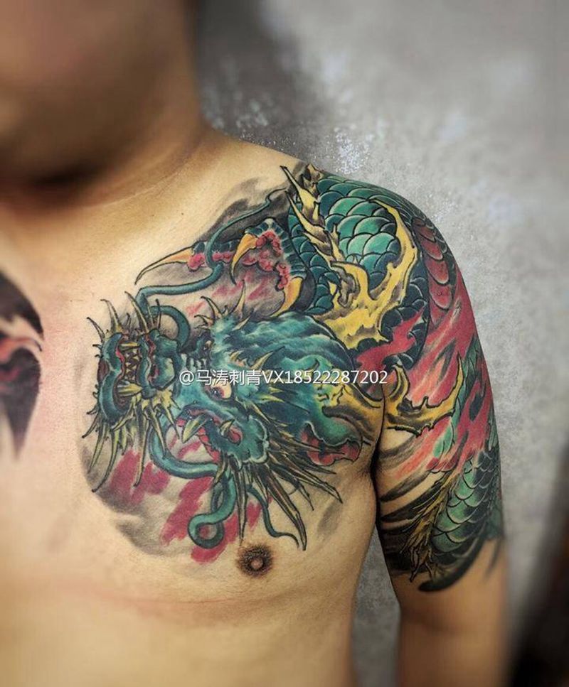 披肩龙作品纹身图片_胸部纹身图案