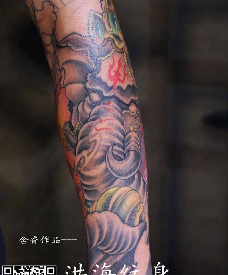 象神牡丹，纹身图片_手臂纹身图案