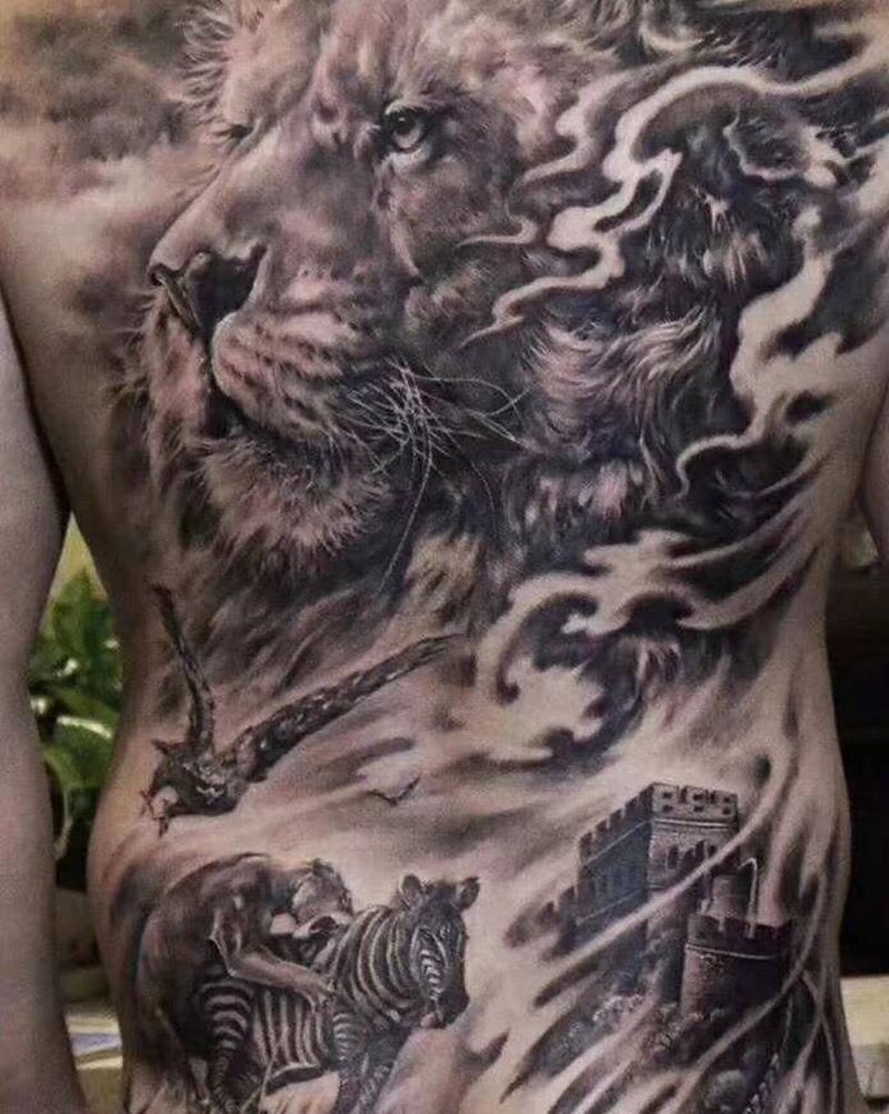 醒纹身图片_成品手稿背部欧美写实植物动物原创纹身图案