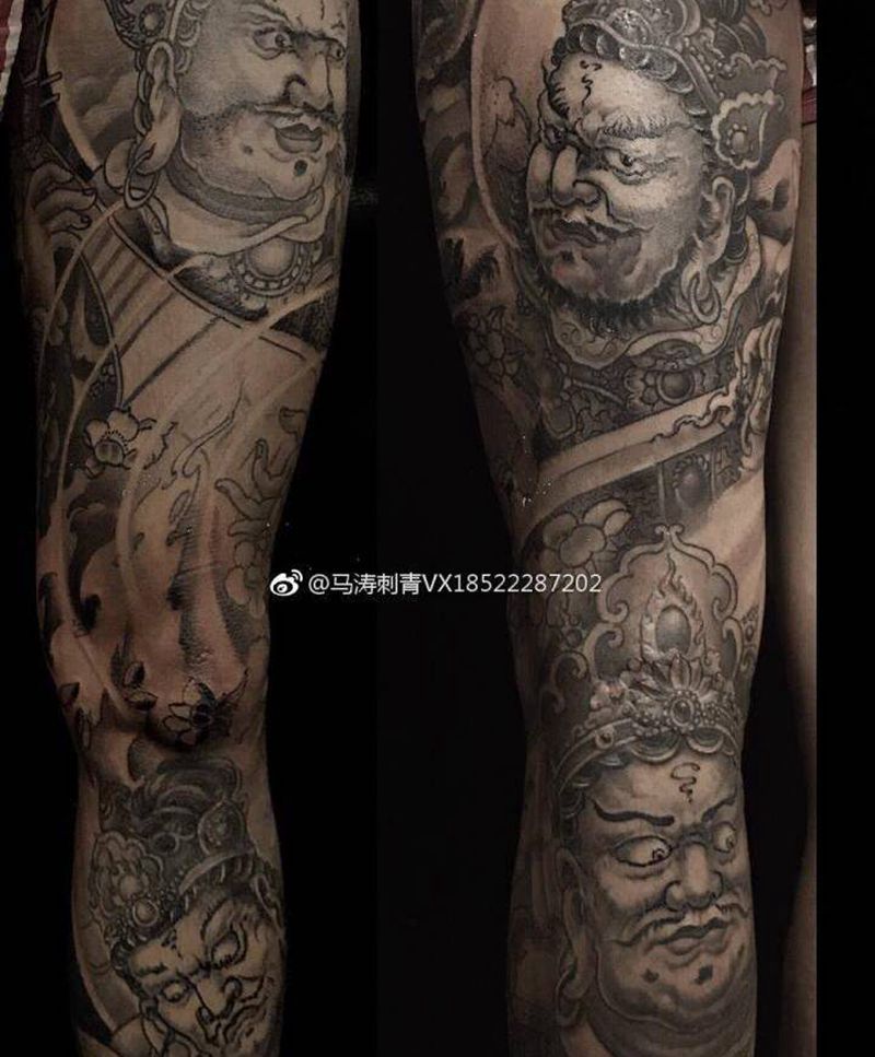 四大天王纹身#天津纹身培训纹身图片_成品腿部脚部传统人物宗教纹身图案