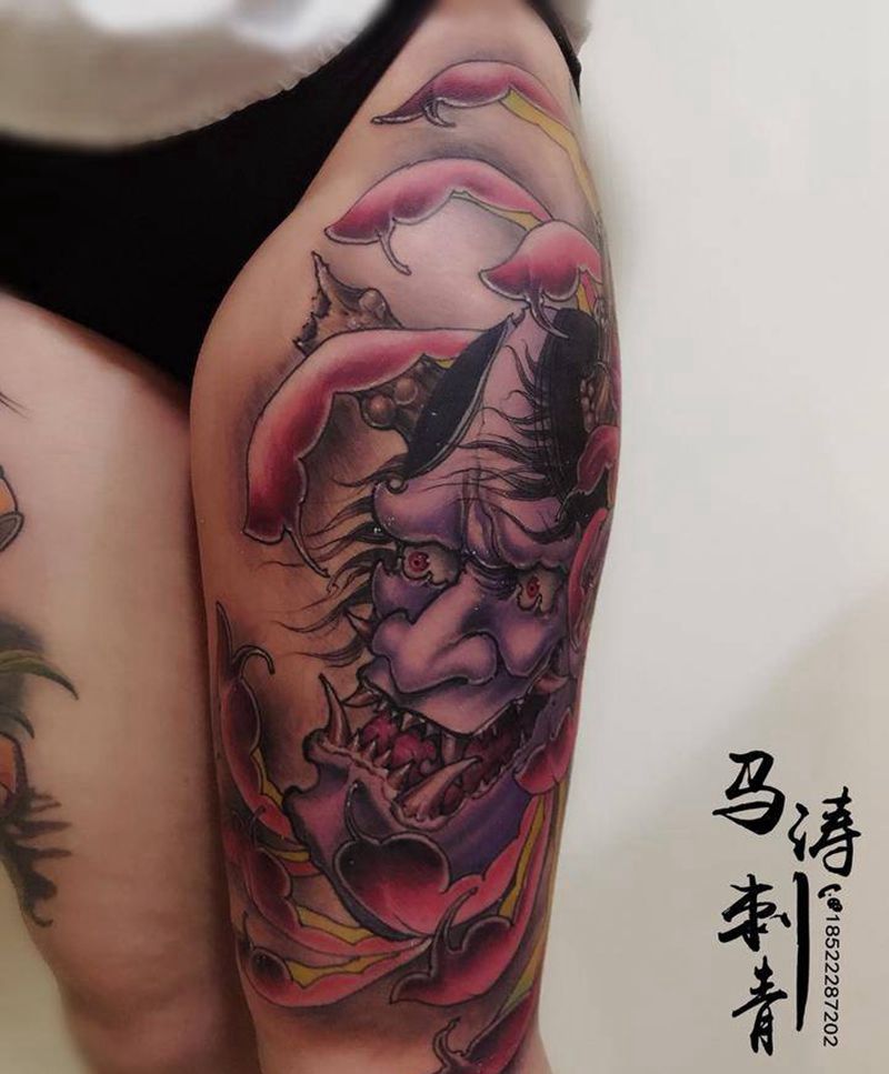 般若原创纹身图片_手稿成品原创传统清新人物腿部纹身图案