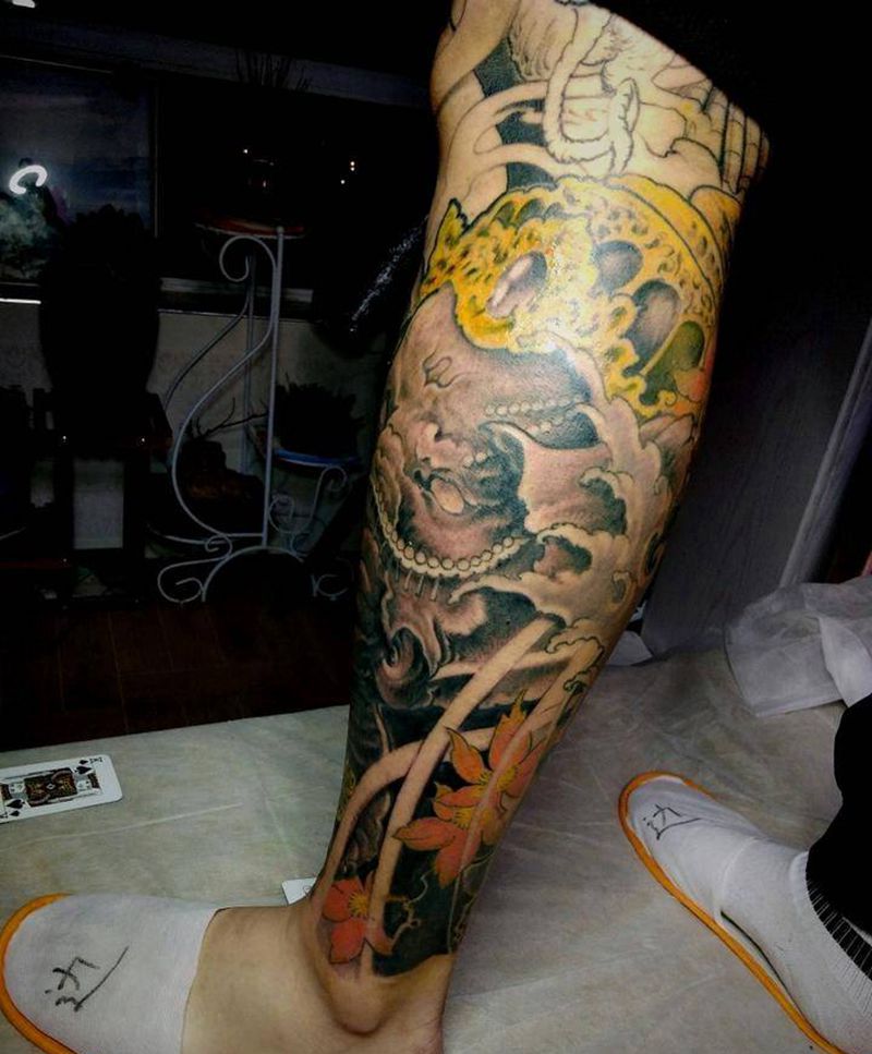 花腿之小腿象神纹身图片_新传统水彩象神纹身图案