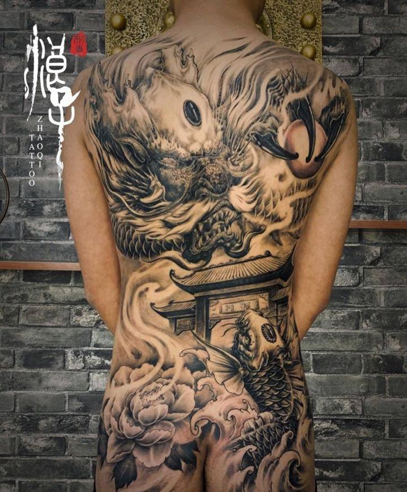 《化龙》纹身图片_背部新传统龙鱼跃龙门纹身图案