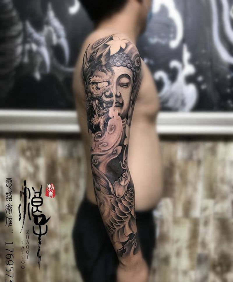 一念之间纹身图片_手臂新传统佛，鱼纹身图案
