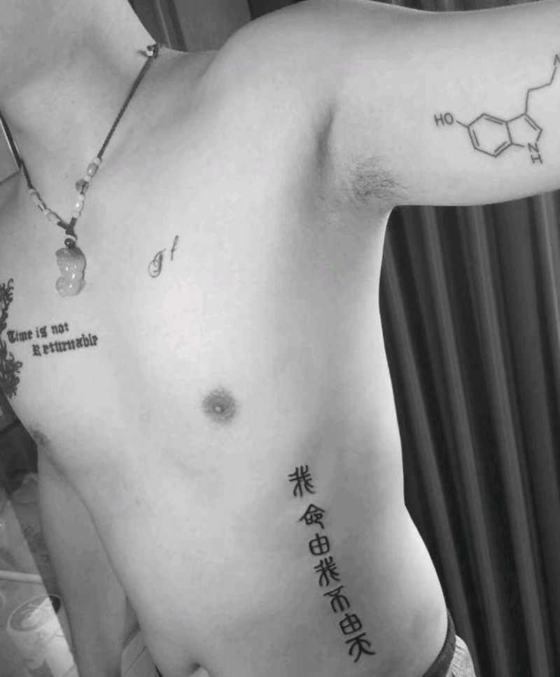 幸福的分子式+生死有命富贵在天纹身图片_手臂腹部点刺纹身图案