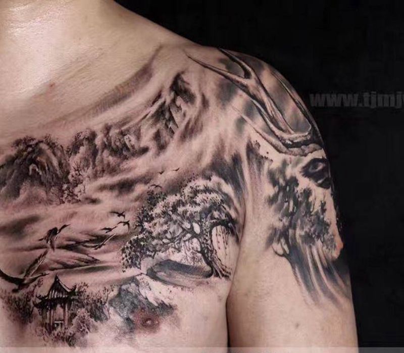 生财有路纹身图片_成品手稿插画手臂肩部欧美写实动物植物静物纹身图案