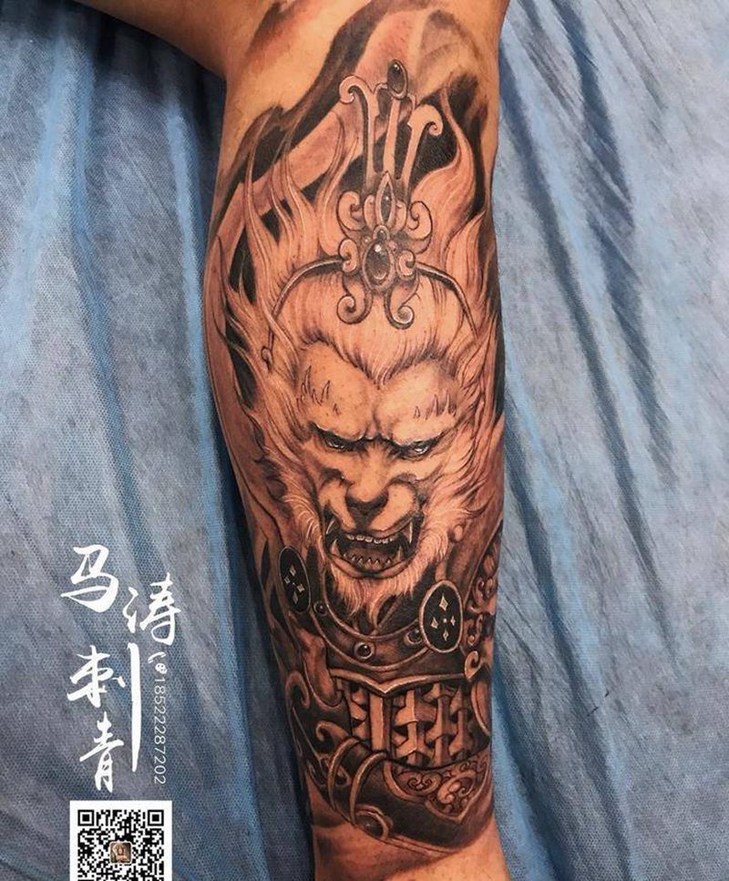孙悟空纹身图片_腿部脚部人物纹身图案