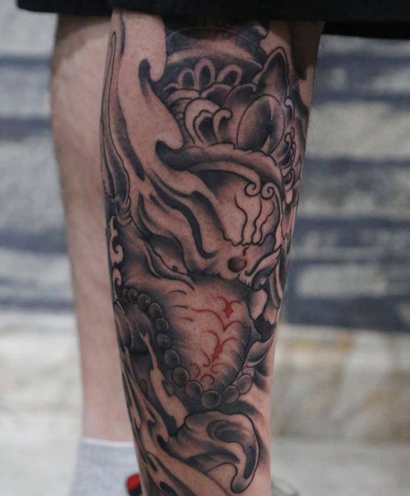 象神纹身图片_腿部新传统纹身图案