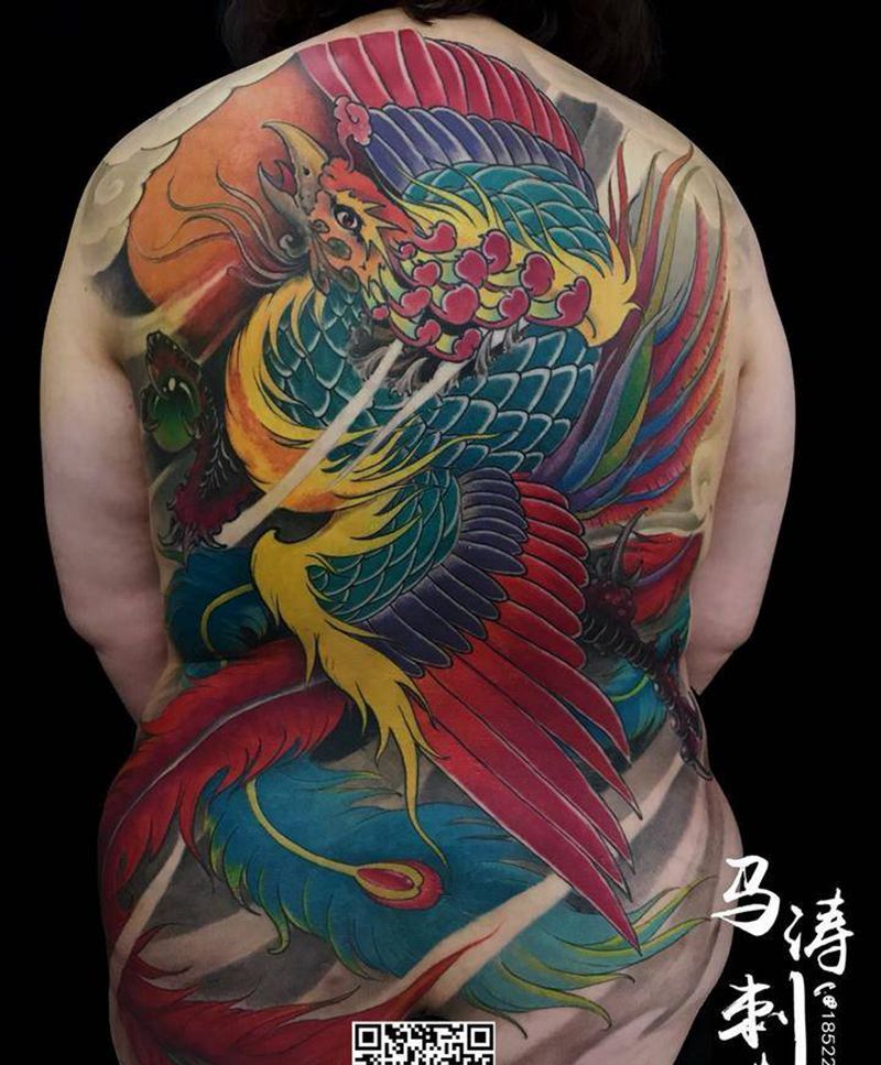 凤凰纹身图片_成品手稿原创动物写实传统背部腰部臀部纹身图案