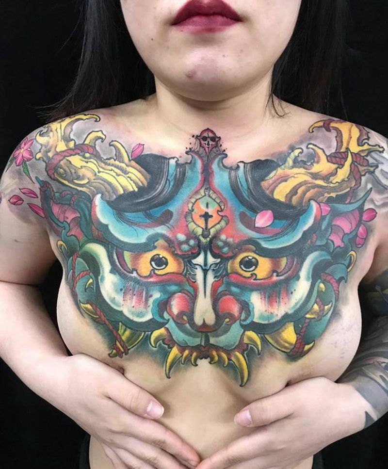 般若纹身图片_成品胸部传统清新人物纹身图案